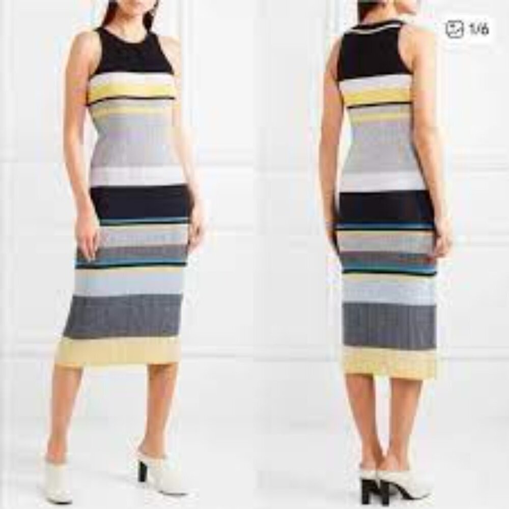 Victoria Beckham Wool Blend Striped Sheath Ribbed Midi Dress Size 2 Sleeveless
